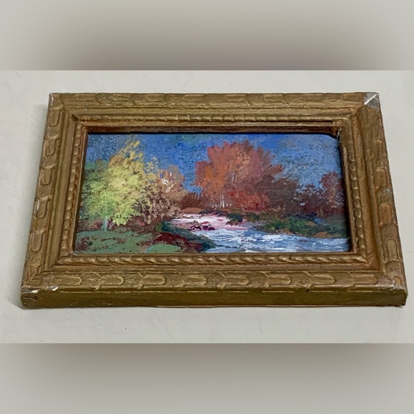 Antique Miniature Gold Painted Wooden Framed Original Nature Scene Oil Painting - Picture 14 of 16